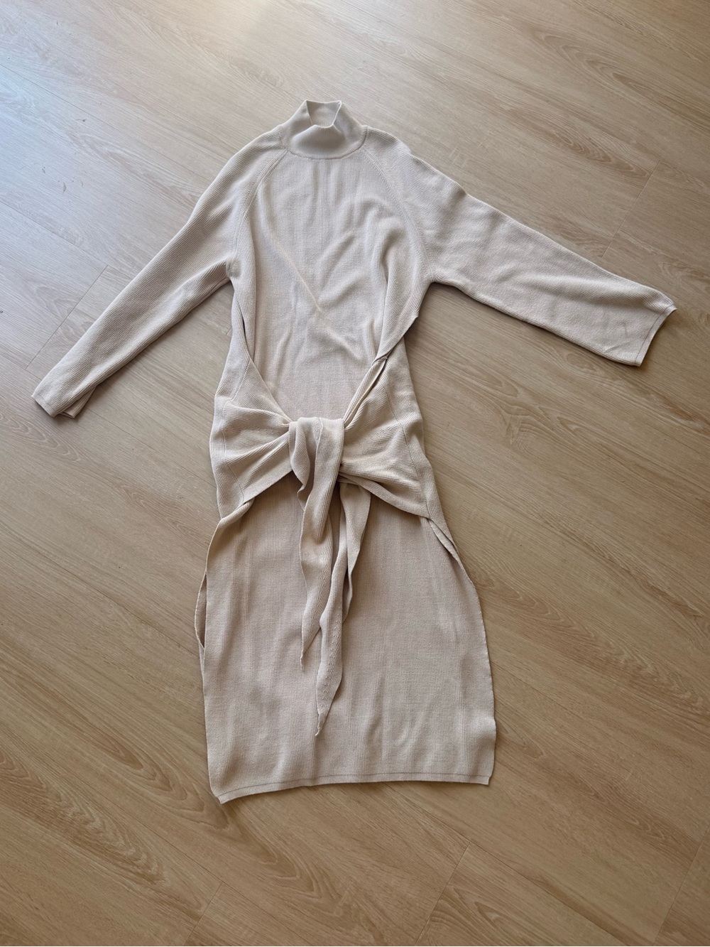 SNDYS. Long Sleeve Tie-Front Knit Dress in Cream